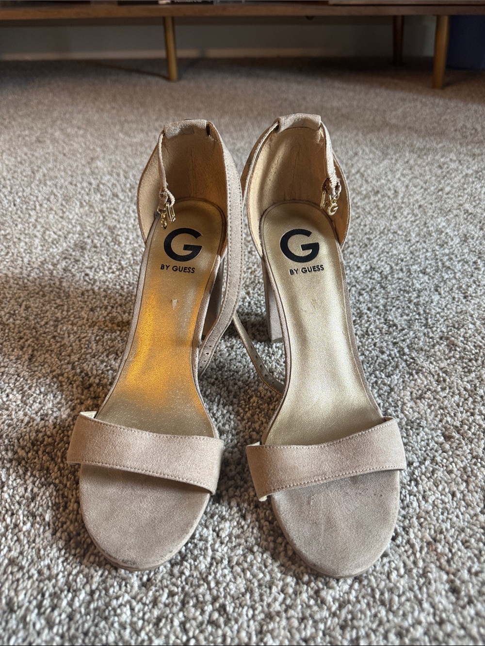G by Guess Beige Suede Open-Toe Ankle Strap Heels